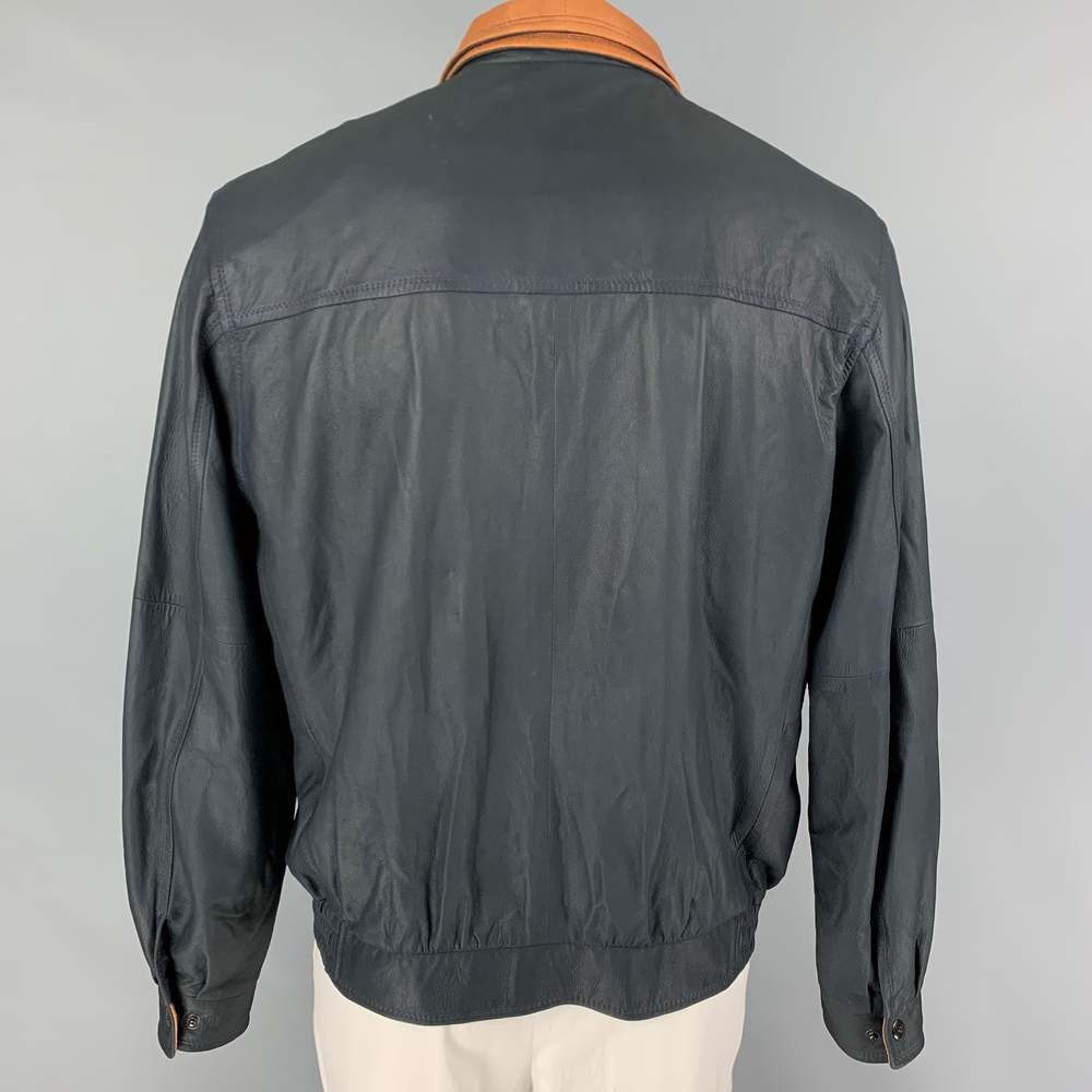REMY Navy Tan Leather Zip Up Jacket - Picture 4 of 6